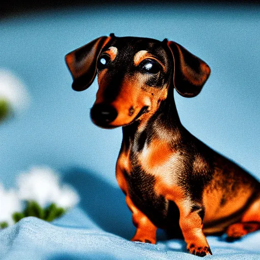 Prompt: macro photograph of a very tiny Dachshund sleeping on the flower, Nikon D810, award-winning, bokeh,