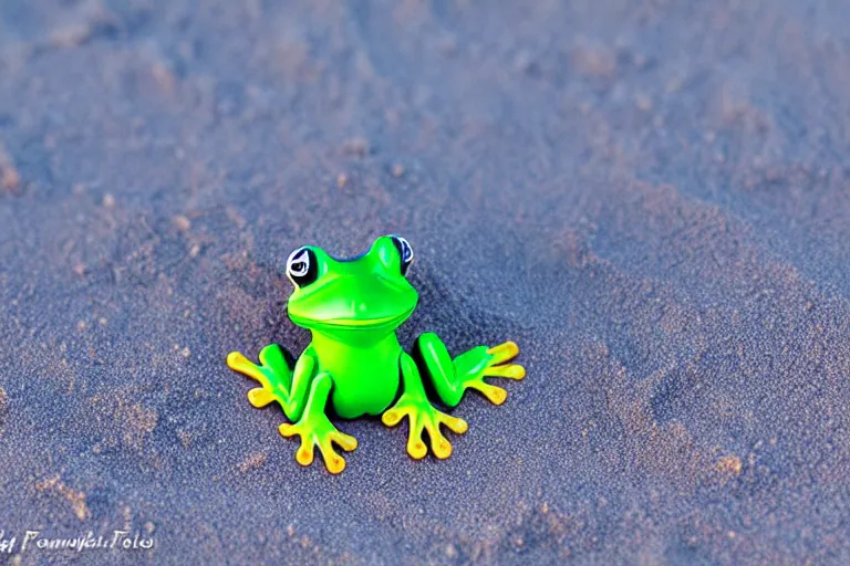 Image similar to fisher price frog on the beach, california, in 2 0 1 5, perfect focus, scene from tv show hyper detailed 5 5 mm 8 5 mm, toy photography, made out of plastic