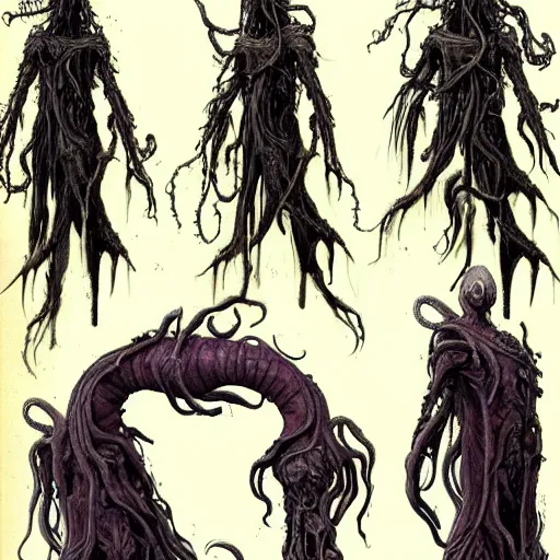 Prompt: concept designs for an ethereal wraith like figure with a squid like parasite latched onto its head and long tentacle tendril like arms that flow at its sides while it floats around collecting knowledge in ancient forgotten libraries and that hides amongst the shadows for the resident evil game franchise with inspiration from the franchise Bloodborne and the mind flayer from stranger things on netflix