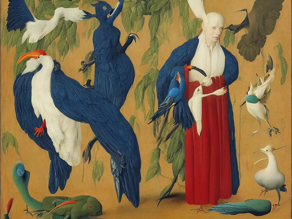 Image similar to Portrait of albino mystic with blue eyes, with exotic hoopoe. Painting by Jan van Eyck, Audubon, Rene Magritte, Agnes Pelton, Max Ernst, Walton Ford