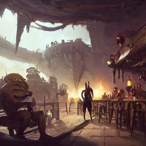 Image similar to An alien walks into a pirate tavern, fantasy art by Greg Rutkowski