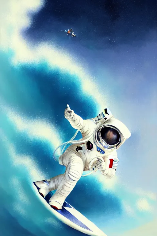 Prompt: a beautiful digital painting of an astronaut in a white space suit surfing the great wave on a surfboard by greg rutkowski, photorealistic, trending on artstation, octane render