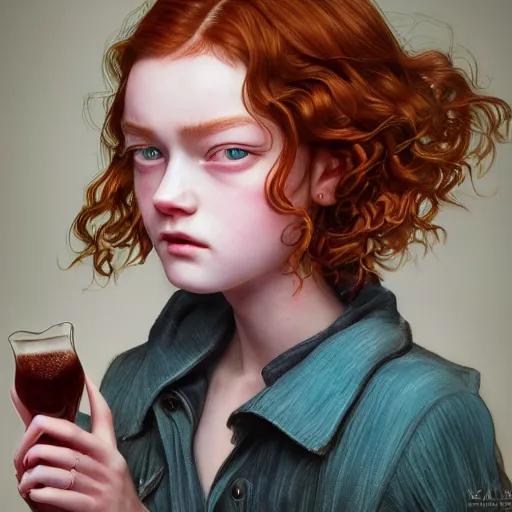 Image similar to sadie sink bitches brew, absurdly beautiful, elegant, young sensual graceful, ultrafine hyperrealistic detailed face illustration by kim jung gi, irakli nadar, sharp focus, saturated colors, octopath traveler, final fantasy, unreal engine highly rendered, global illumination, radiant light, intricate environment