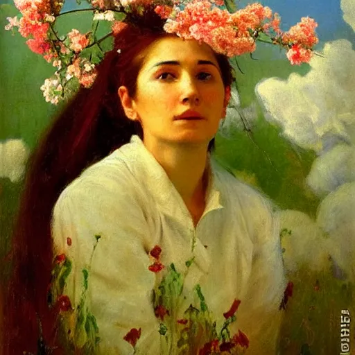 Prompt: portrait of a woman in the clouds with flowers by iliya repin