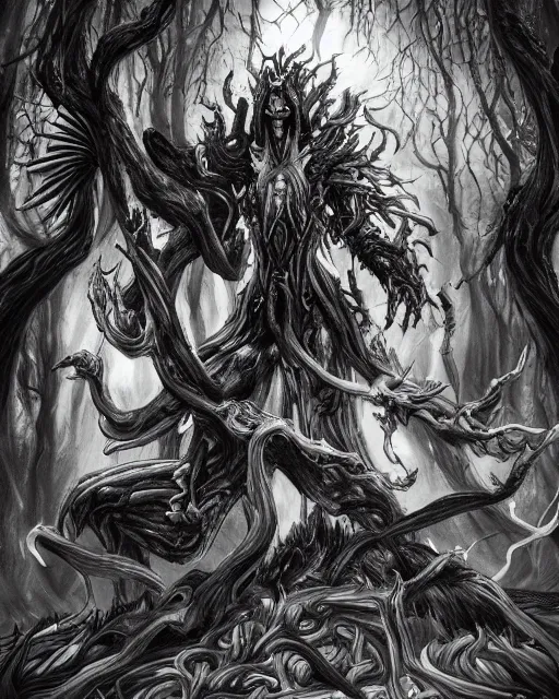 Image similar to A forest elemental, terrifying, black and white, fantasy art, monster art, in the style of masami kurumada, illustration, epic, fantasy, intricate, hyper detailed, artstation, concept art, smooth, sharp focus, ray tracing