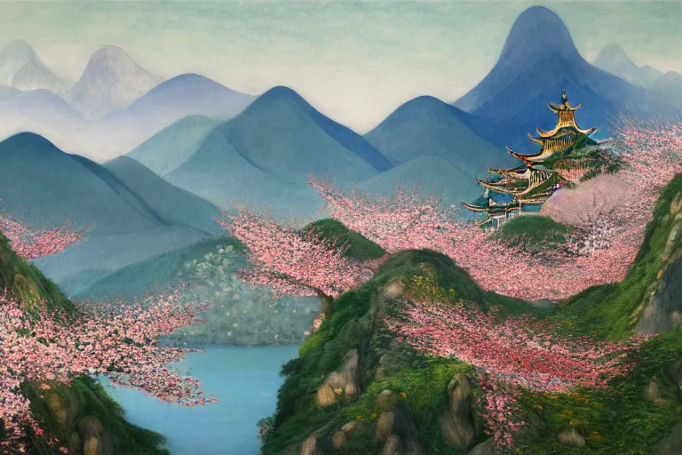 Image similar to an ultradetailed landscape painting of a panorama view of westlake in china, pagodas on hills, osmanthus blossoms nearby, fine wind, highly detailed, artstation, concept art, smooth, sharp focus, illustration, by hilma af klint, 8 k