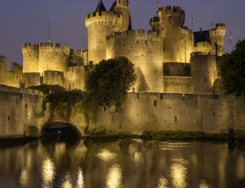 Image similar to close view of gravensteen castle in gent belgium at night, peaceful and serene, incredible perspective, soft lighting, anime scenery by makoto shinkai and studio ghibli, very detailed