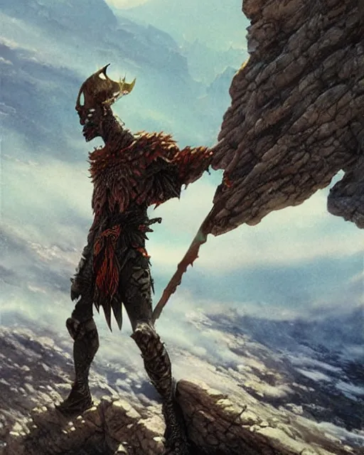 Prompt: a bald warrior male fantasy sorcerer in a barren mountainous landscape, art by yoshitaka amano and michael whelan