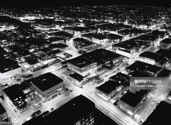 Prompt: a sprawling building complex seen from a dark parking lot in los angeles at night. 1 9 9 0 photo by james cameron