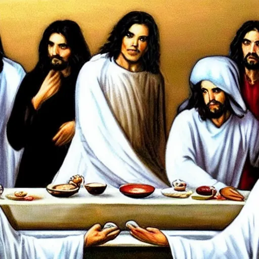 Image similar to michael jackson as jesus christ wearing a white suit at the last supper, realistic