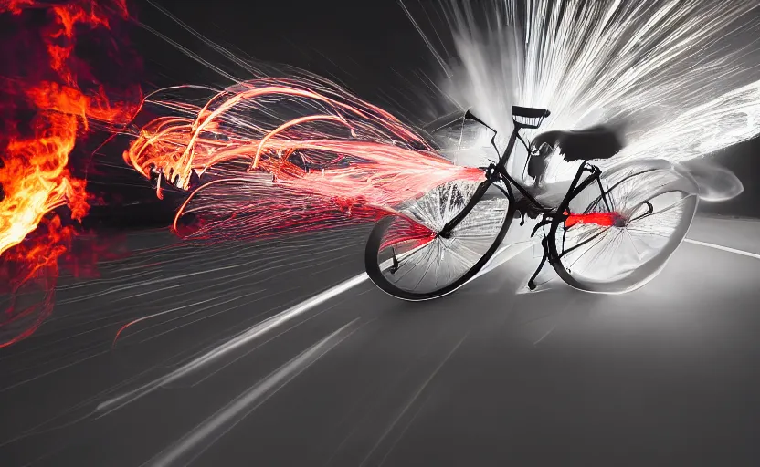 Image similar to a bicycle with a rocket engine attached to the back, flames and fire shooting out the back, light trails and motion blur, stylized photo