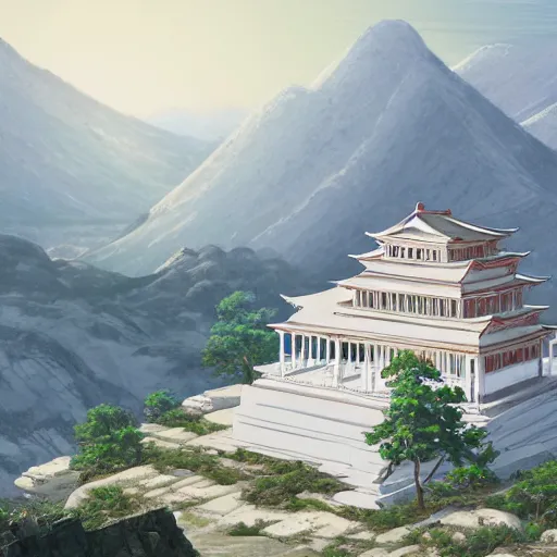 Image similar to concept art painting of a white marble temple on top of a mountain, with greek and japanese architecture, overlooking a valley with a village below, realistic, detailed, cel shaded, in the style of makoto shinkai and greg rutkowski and albert bierstadt and james gurney