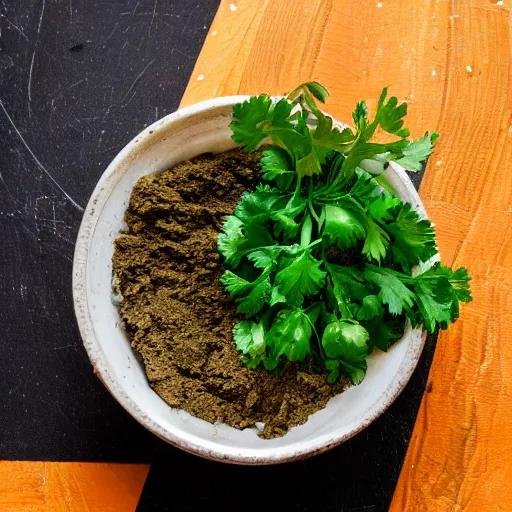 Prompt: a bowl filled with a pile of dirt, garnished with a parsley leaf, food photography, dslr