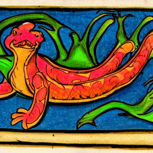 Image similar to salamander on fire in the style of a grotesque of an illuminated manuscript