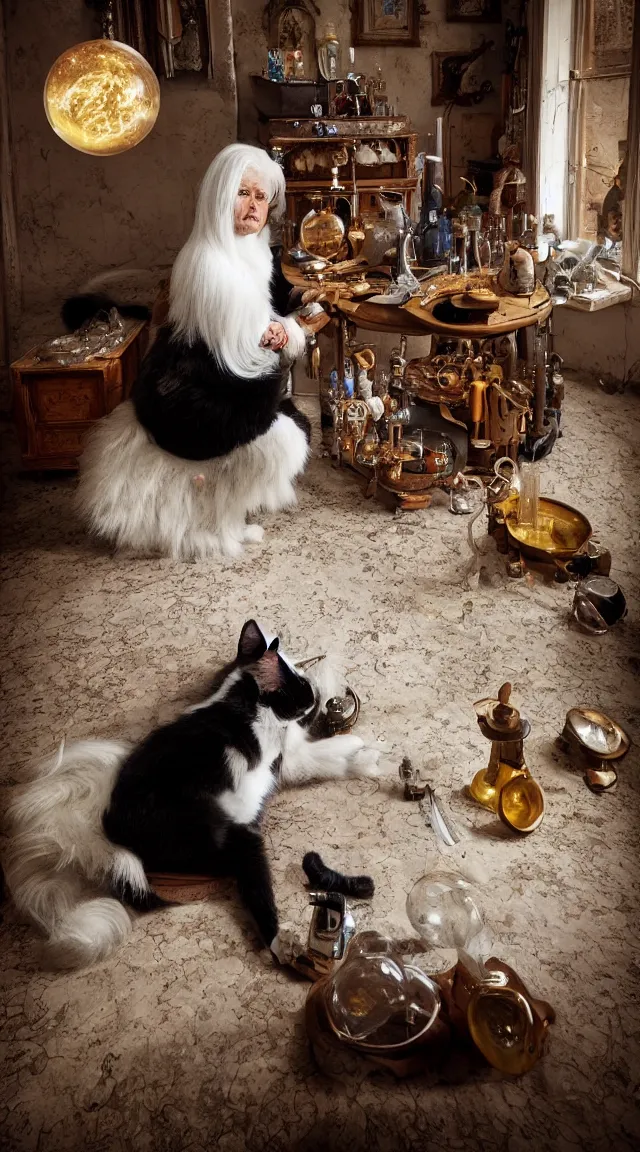 Image similar to full body protrait beautifull witch with white hair in old room. A cristal ball on a wood table with a potions and old instruments. A cat on the floor licking his paw. photorealistic, profesional photo, by Steve McCurry