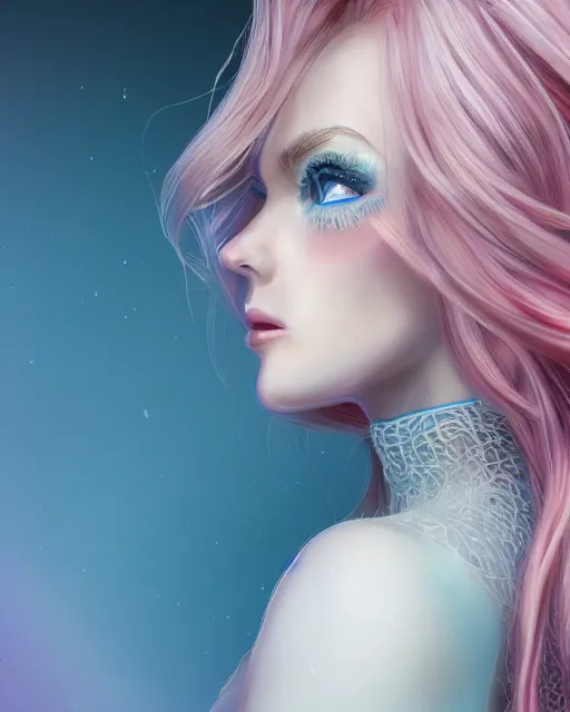 Image similar to side closeup of beautiful female with long blonde hair blue eyes pink silk dress, award winning full length profile photography, extremely detailed, artstation, 8 k, sensual lighting, incredible art, wlop, pixar, disney, artgerm, backlit, rim lighting, hi - fructose, cellshading, intricate lineart