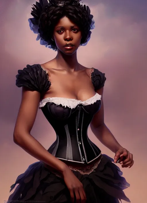 Image similar to cute black woman wearing a white corset dress, fantasy, intricate, highly detailed, digital painting, artstation, concept art, wallpaper, smooth, sharp focus, illustration, art by artgerm and greg rutkowski and alphonse mucha