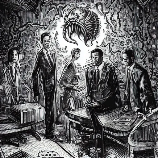 Image similar to Cthulhu as a modern day business man with a family and a drug and gambling addiction, necronomicon is the family Bible , Junji Ito and Greg rutkowski, psychedelic , 50s style infomercial , award winning , retro futuristic