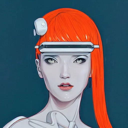 Image similar to a woman with orange hair and a white helmet, cyberpunk art by james jean, featured on cgsociety, retrofuturism, futuristic, dystopian art, ilya kuvshinov