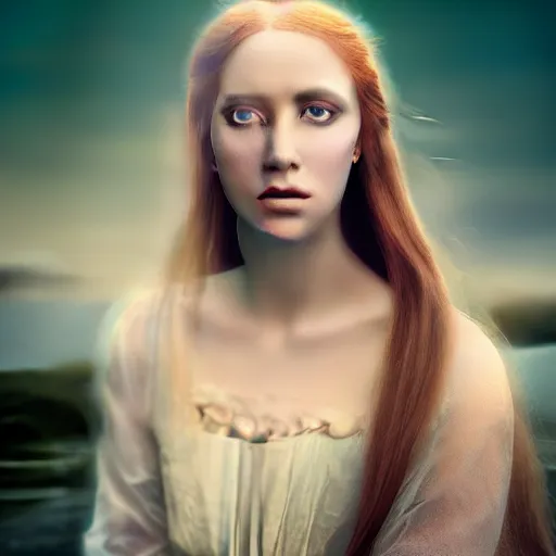 Image similar to photographic portrait of a stunningly beautiful english renaissance female in soft dreamy light at sunset, beside the river, soft focus, contemporary fashion shoot, in a denis villeneuve and tim burton movie, by edward robert hughes, annie leibovitz and steve mccurry, david lazar, jimmy nelsson, extremely detailed, breathtaking, hyperrealistic, perfect face, octane render