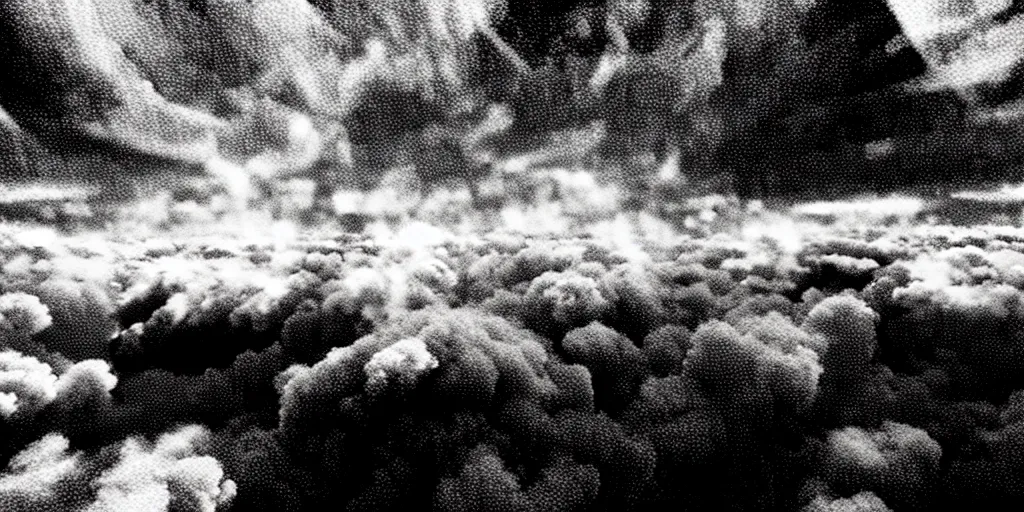 Image similar to combat drone strike war footage, ir, chromatic aberration!!!!!!!!!!!, broken camera colors, iridescent!!!!!!!!! saturated infrared camera, very high contrast, nuclear cloud, high angle vertical, inversed color, clouds, jpeg compression