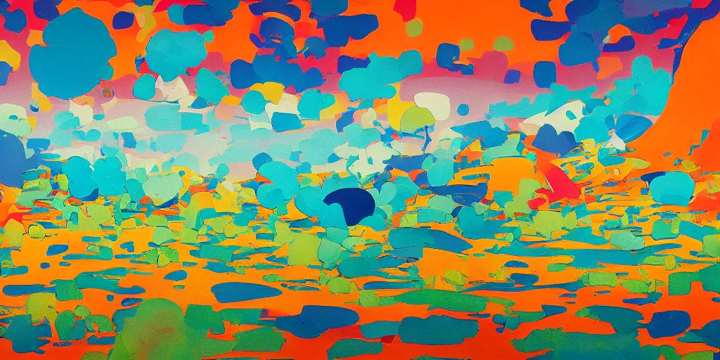 Image similar to partly abstract landscape painting at noon by james jean and David Schnell painted in no mans sky style