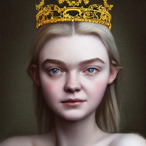 Image similar to a striking hyper real concept art of Elle Fanning with a crown by Masanori Warugai