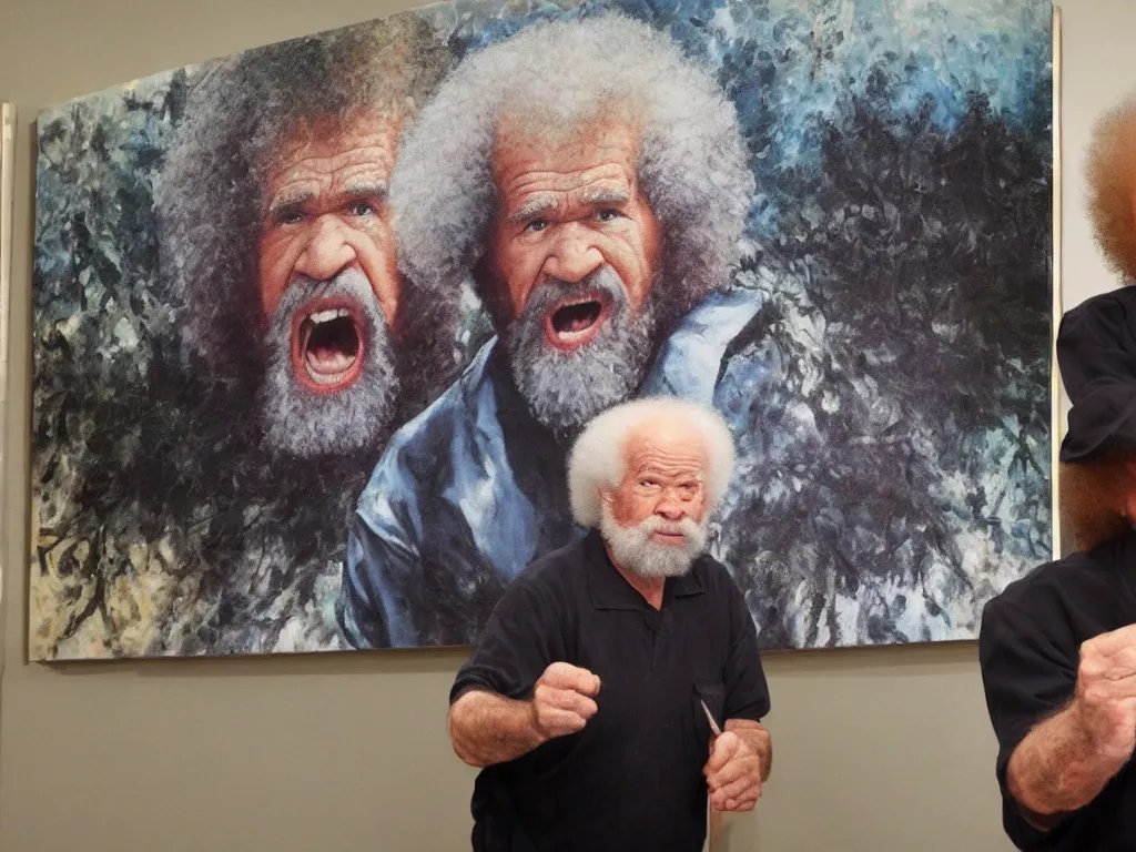 Prompt: old bob ross is sad and angry and yelling at a huge painting by bob ross