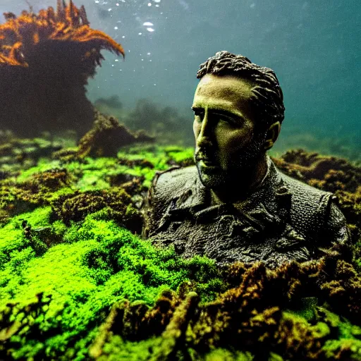 Image similar to Postapocalyptic ruins, Nicolas Cage underwater mossy old statue, ruins, photo, dark, kelp and moss all over, bottom of ocean, far shot, deep ocean, bottom of ocean, dark, 35mm, fish, underwater landscape, 4k, detailed, photorealistic, photo, Atlantis, underwater camera, fish, fish, fish