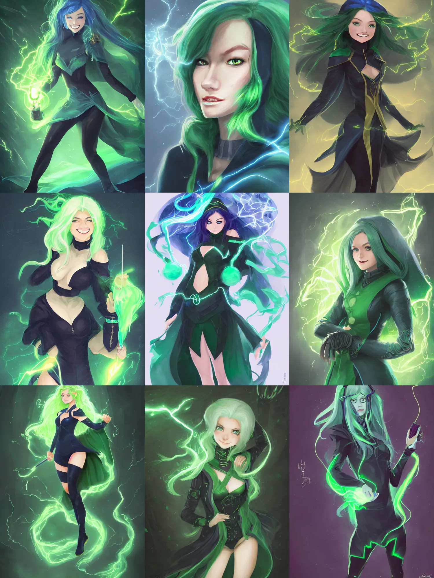 Prompt: full body portrait of a female wizard in a classroom, skintight black bodysuit, blue robes, green hair, green eyes, white face, cute smile, lightning, very detailed face, highly detailed, high fantasy, digital illustration, by rossdraws