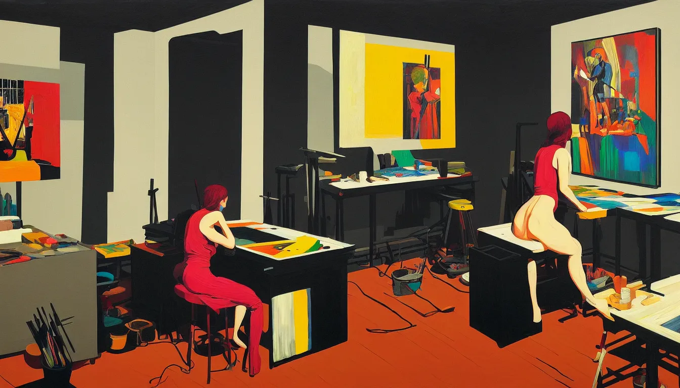 Image similar to female artist painting in her studio by dan mumford and peter doig and edward hopper, symmetrical, minimal, black ink, thick lines highly detailed, muted colours 8 k