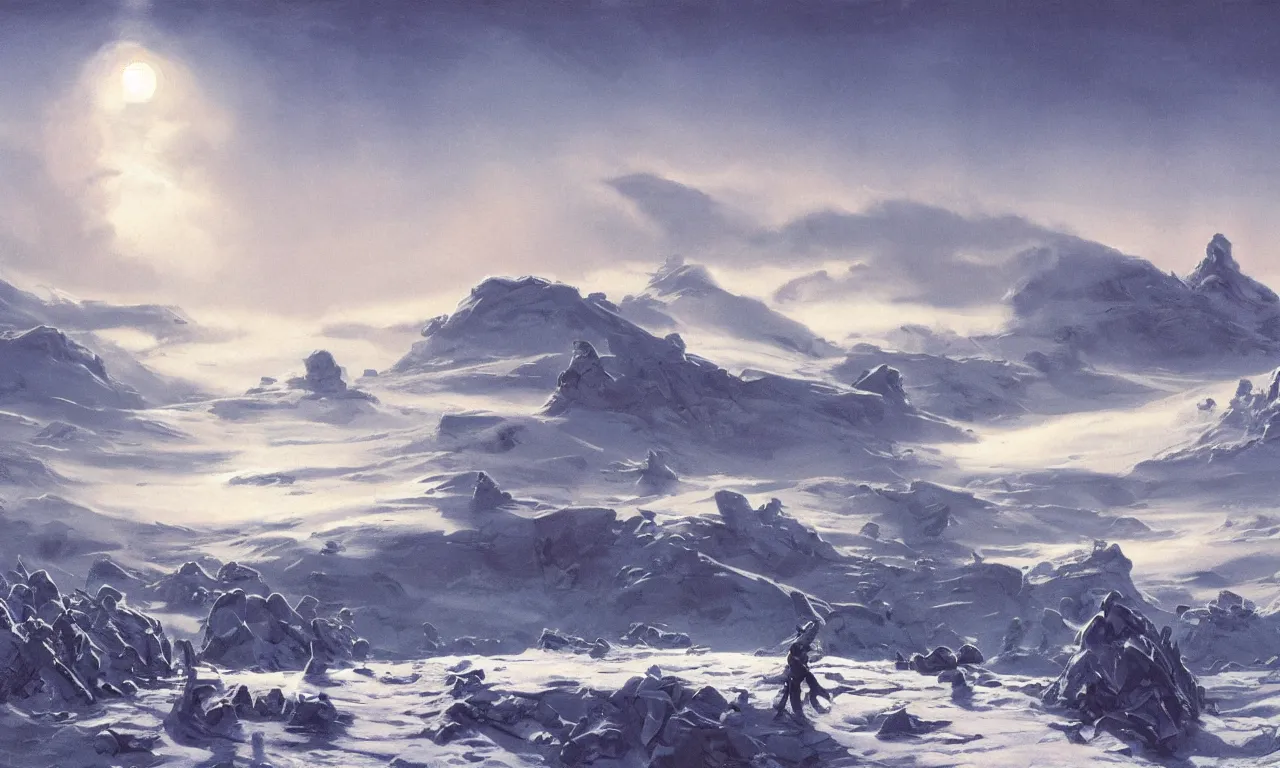 Prompt: frozen unexplored wasteland frontiers with clouds and fog on an alien science-fiction planet with distant mountains and snow by Syd Mead, Federico Pelat