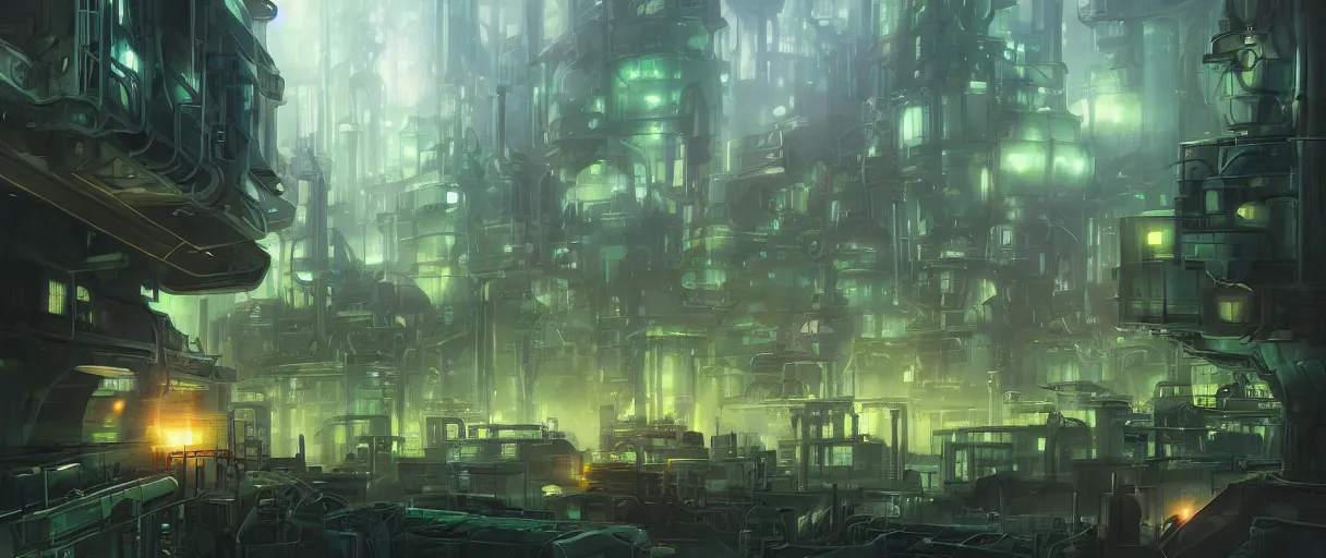 Image similar to futuristic city of factories, concept art, digital painting, style of jordan grimmer, dark green lighting, futuristic, volumetric lighting, view from below, symmetrical, vivid colours, bright, daytime, godrays