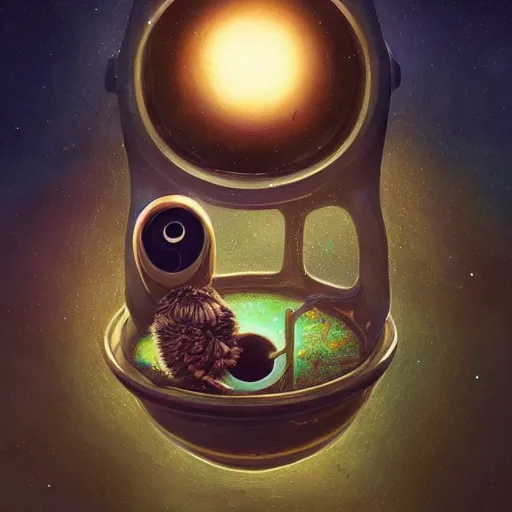 Image similar to long shot of a very cute owl chick nesting in a very futuristic cup, esao andrews, humorous illustration, hyperrealistic, big depth of field, warm colors, night scenery, low light, 3 d octane render, 4 k, conceptart, hyperdetailed, hyperrealistic, trending on artstation