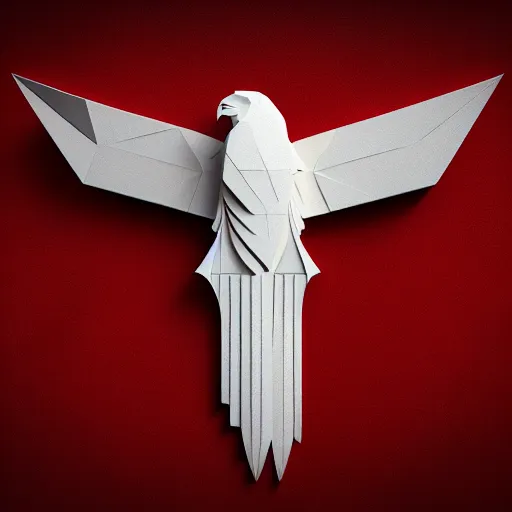 Image similar to 2 dimensional, vector, low poly, white eagle icon, red background, cgsociety, artstation, octane render