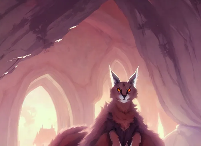 Image similar to cute fluffy caracal wearing white cultist robe, details, fantasy, epic, sacrificial altar, landscape illustration concept art anime key visual trending pixiv fanbox by wlop and greg rutkowski and makoto shinkai and studio ghibli and kyoto animation symmetrical facial features