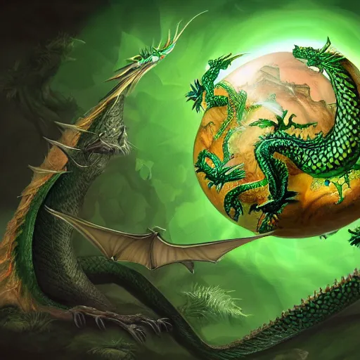 Prompt: a painting of a green dragon on a white background, a dragon orb, magical sphere with dragons, a computer rendering by maria sibylla merian, featured on polycount, generative art, biomorphic, photoillustration, concept art