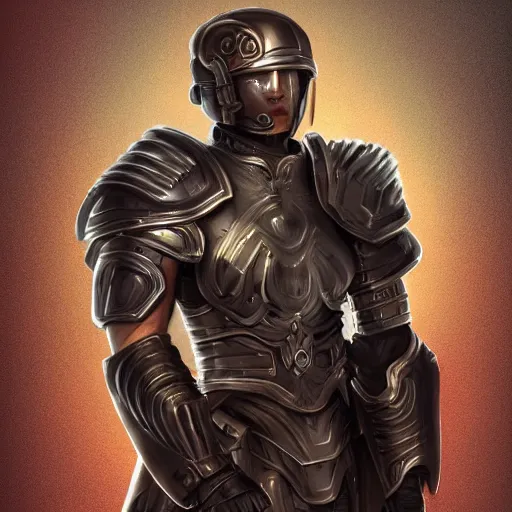 Image similar to Full body portrait of a futuristic super-soldier wearing roman style mechanized body armor and wielding a god-slaying sword, D&D, fantasy, elegant, hopeful, muscular, gothic, futuristic, intelligent, highly detailed, digital painting, artstation, concept art, smooth, sharp focus, illustration