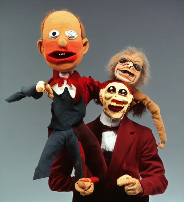 Prompt: hyper realistic old 1 9 8 0 photography of lunatic mad ventriloquist old man with terrific haunted puppet