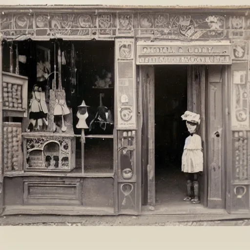 Prompt: victorian child standing in a doll maker's shop