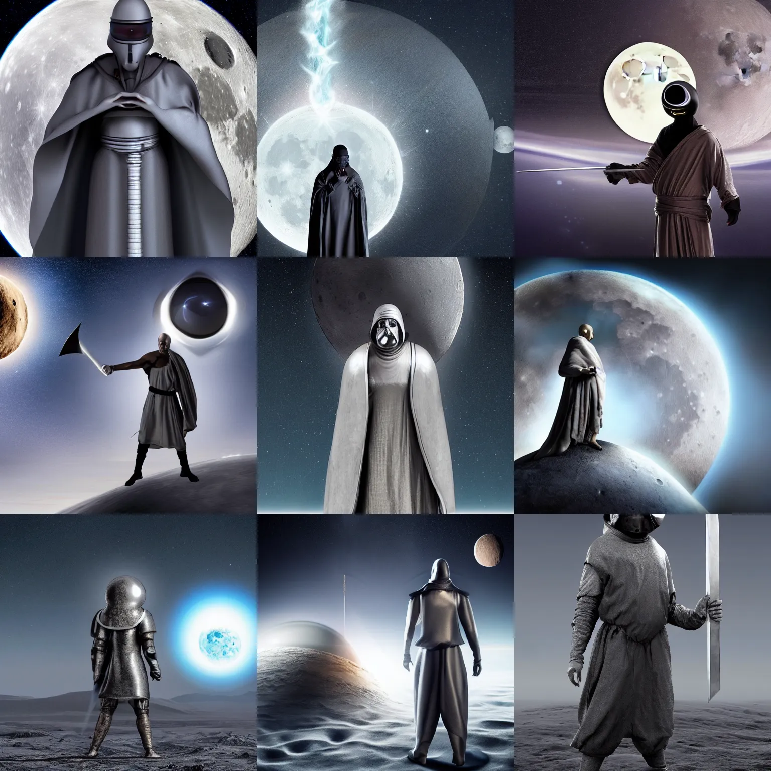 Prompt: futuristic monk in grey metallic cloth with a black hole instead of head holding a gigantic rusty sword, standing on the moon, his head is a black-hole surrounded by glowing matter, 8K resolution, very aesthetic, moon surface background, in style of Julie Bell