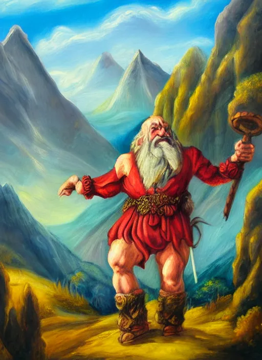 Prompt: A detailed painting of a fantasy dwarf, mountains in background, neo-rococo expressionist style