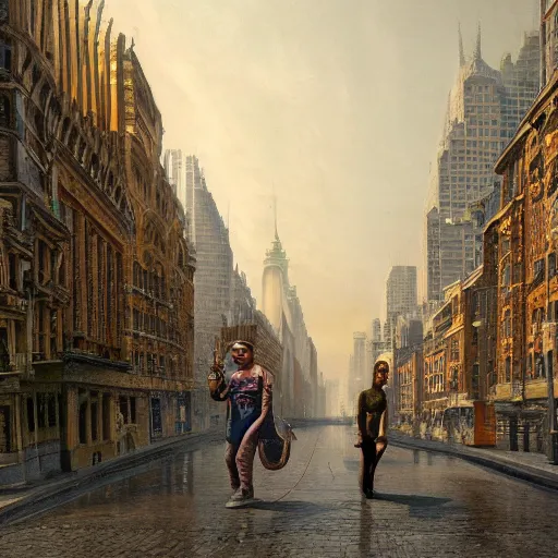 Image similar to humanoid reptilian man walks through the center of a city, extremely detailed oil painting, 1 9 2 0's colored pencil, highly detailed, highly accurate, deep aesthetic, 8 k, highly ornate intricate details, cinematic lighting, rich colors, beautiful scenic view, ray tracing, hyperrealistic, photorealistic, cinematic landscape, trending on artstation, concept art,