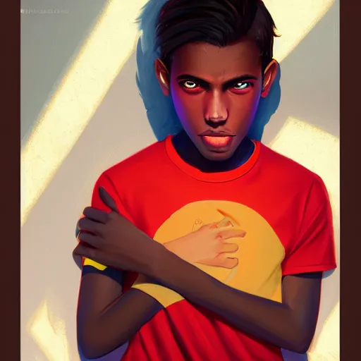 Image similar to colorful and festive captivating teenager with straight brown hair covering his eye, dark skin, big lips, big eyes, wearing a red t - shirt. rich vivid colors, ambient lighting, dynamic lighting, 4 k, atmospheric lighting, painted, intricate, highly detailed by charlie bowater