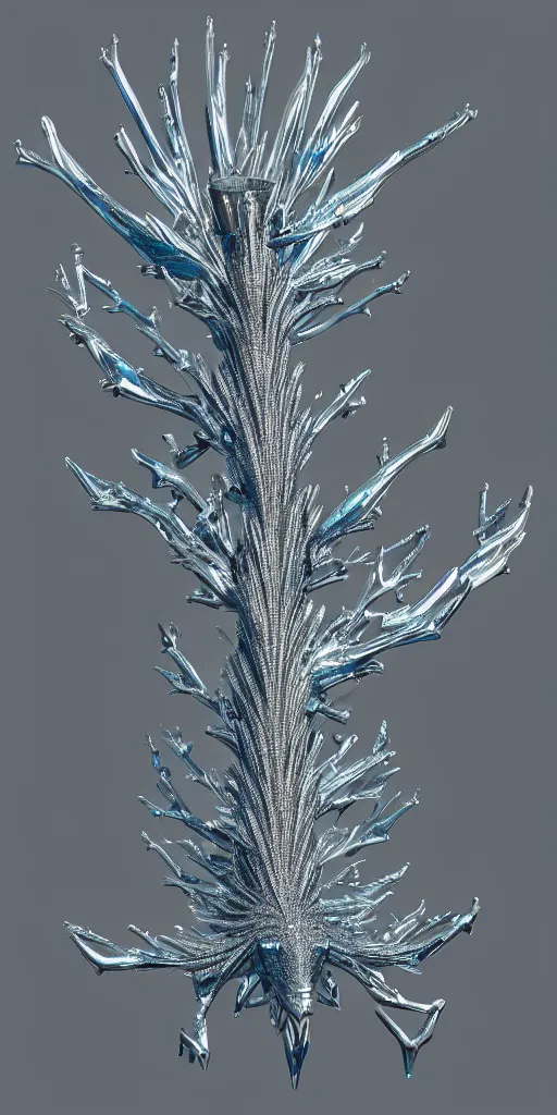 Image similar to a photorealistic render of a metallic neotribal spiky glaucus atlanticus sculpture with octahedrons, made of liquid metal, c 4 d, by zhelong xu and ernst haeckel, wide angle, hyper realistic, plain background, 8 k, volumetric lightning, octane render