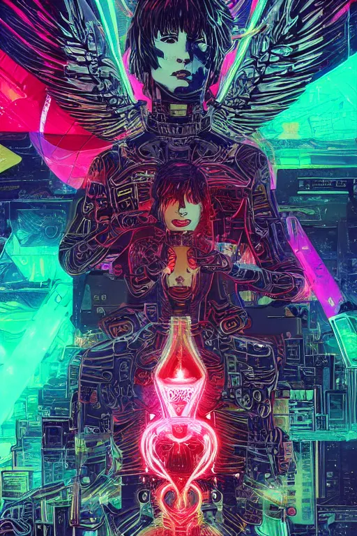 Prompt: white arc-angel with mystic robotic wings, blade runner, akira, ghost in the shell, 2077, style of Laurie Greasley and Satoshi Kon + symmetric lights and smoke, psychedelic effects , glowing particles, neon rain, glowing runes, de-noise, symmetrical composition, high detailed + tarot card, ornate border, 8k