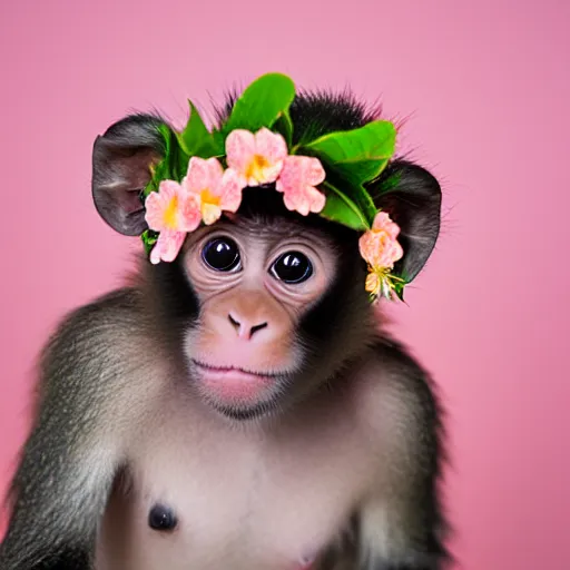 Prompt: cute baby monkey with flower crown fisheye lens