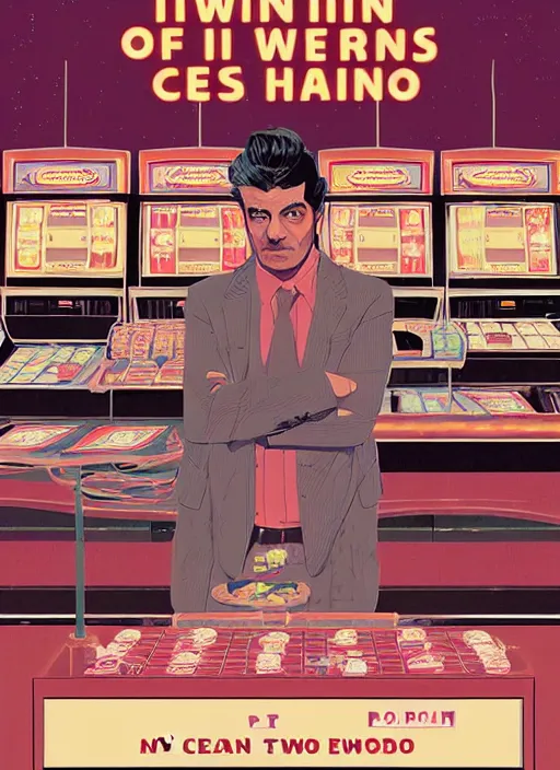 Prompt: Twin Peaks art, of Oscar Isaac in The Card Counter visiting the casino in Twin Peaks poster artwork by Tomer Hanuka, Sam Weber, Laurent Durieux, Katherine Lam from scene from Twin Peaks, from scene from Twin Peaks, clean, New Yorker magazine cover