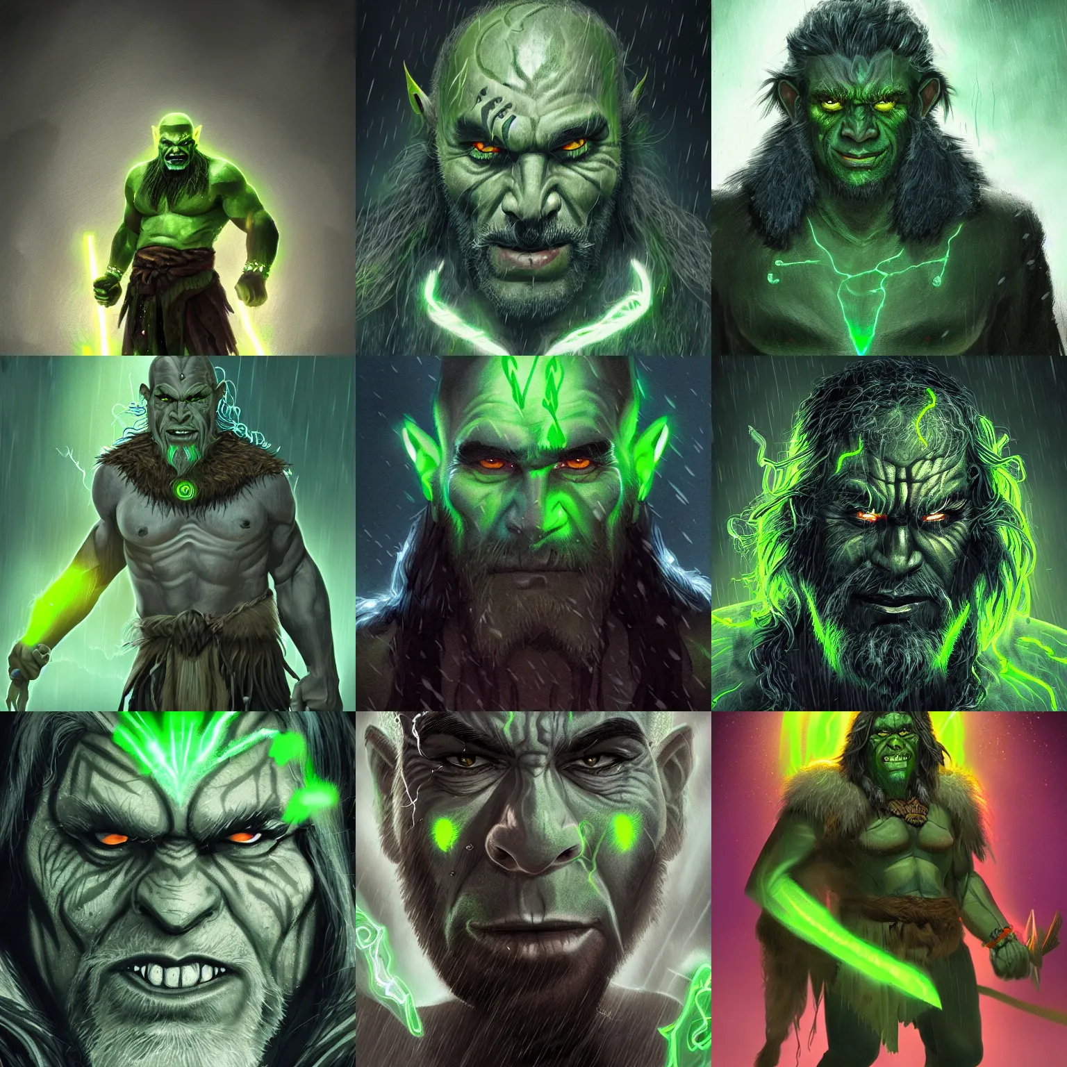 Prompt: an older half - orc shaman with long wiry grey hair, glowing green eyes, glowing tattoos, lightning in background, rainy background, character concept art, artstation, digital art