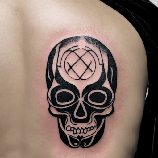 Image similar to tattoo design, stencil, tattoo stencil, traditional, a world famous tattoo of a geometric skull with a galaxy coming out of the top of its head-s 100